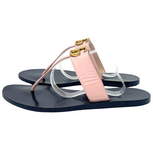 Gucci Shoes Sandals Marmont GG Logo Thong Flats Pink Black Gold Monogram 38.5 - Picture 2 of 9
